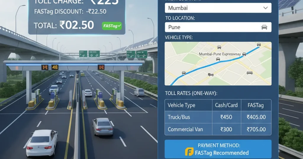 Expressway toll calculator showing FASTag rates for Indian highways