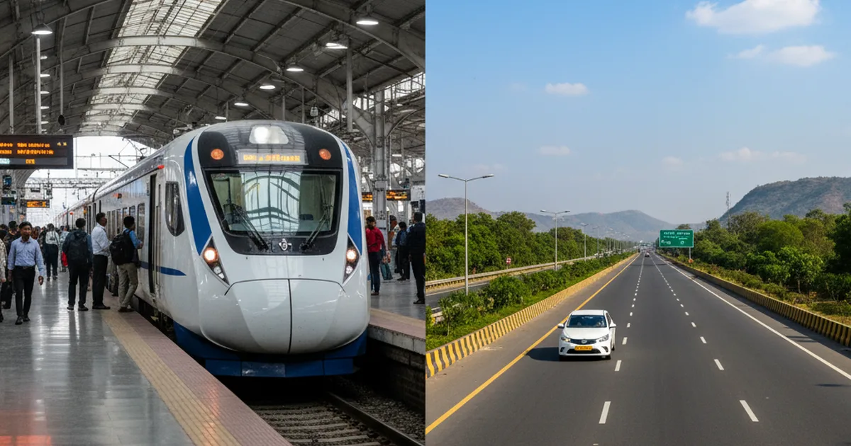 Train vs Road comparison Delhi to Agra. Vande Bharat Express train on left, expressway highway on right, fastest travel options 2026